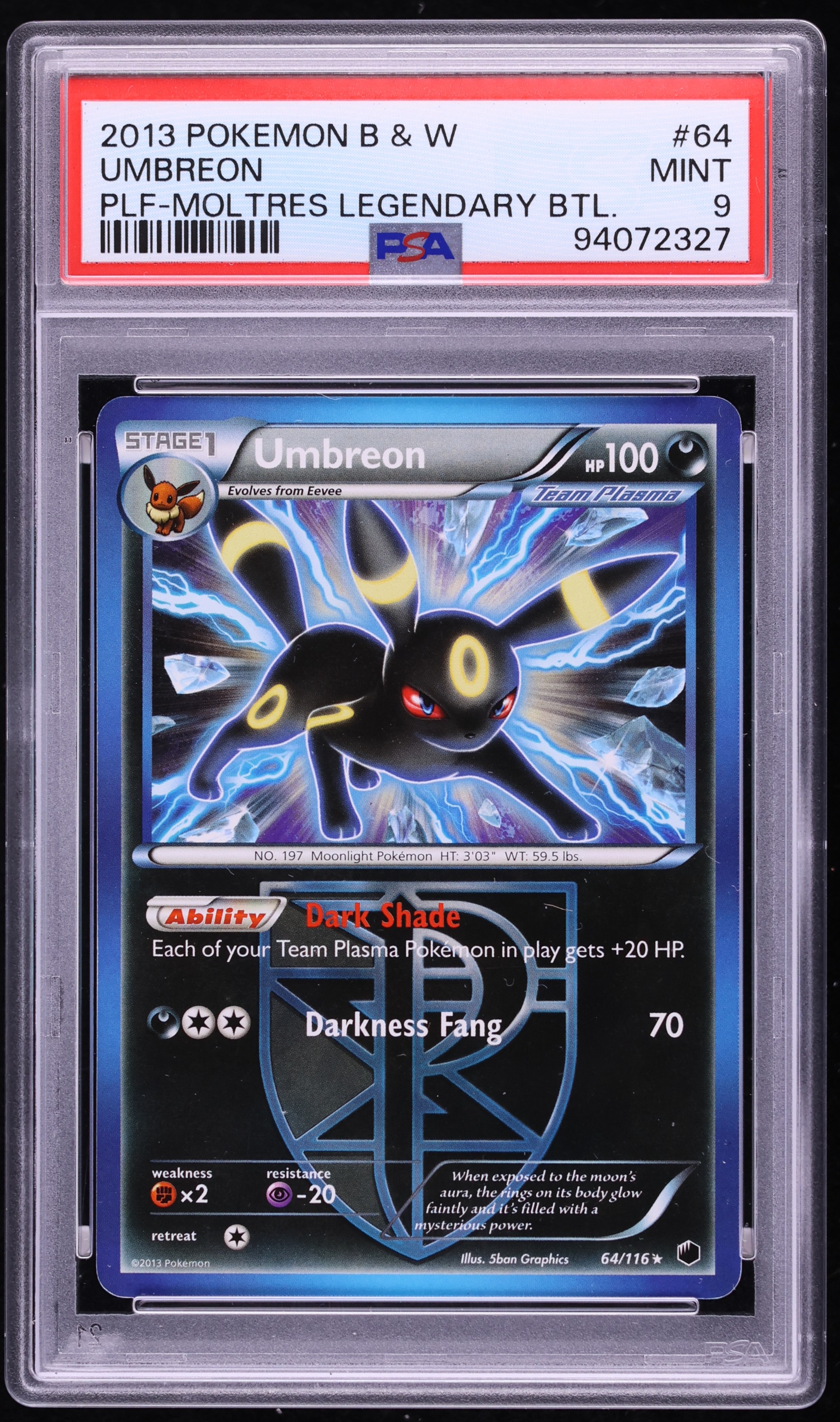 2013 Pokemon Black & White Plasma Freeze Moltres Legendary Battle Umbreon #64 PSA 9 MINT