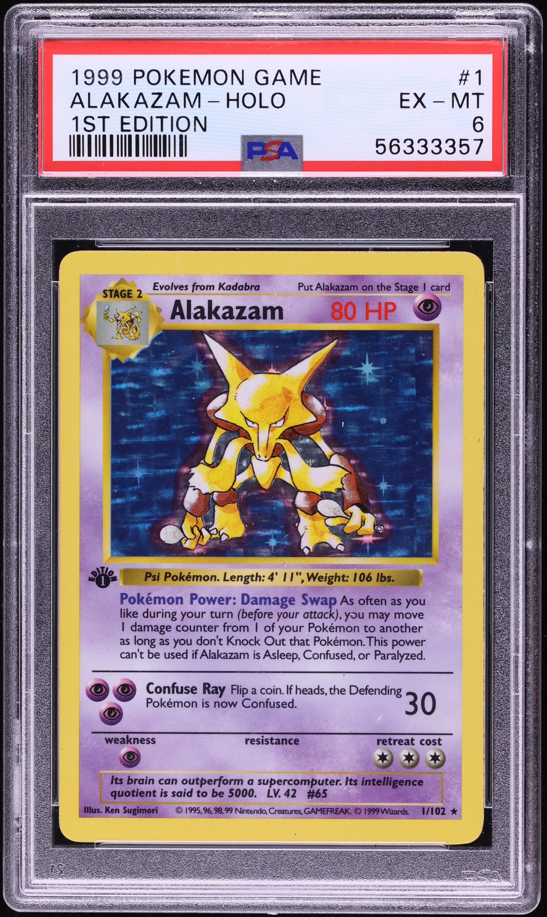 1999 Pokemon Base Set Shadowless 1st Edition Holo Alakazam #1 PSA 6 EXMT