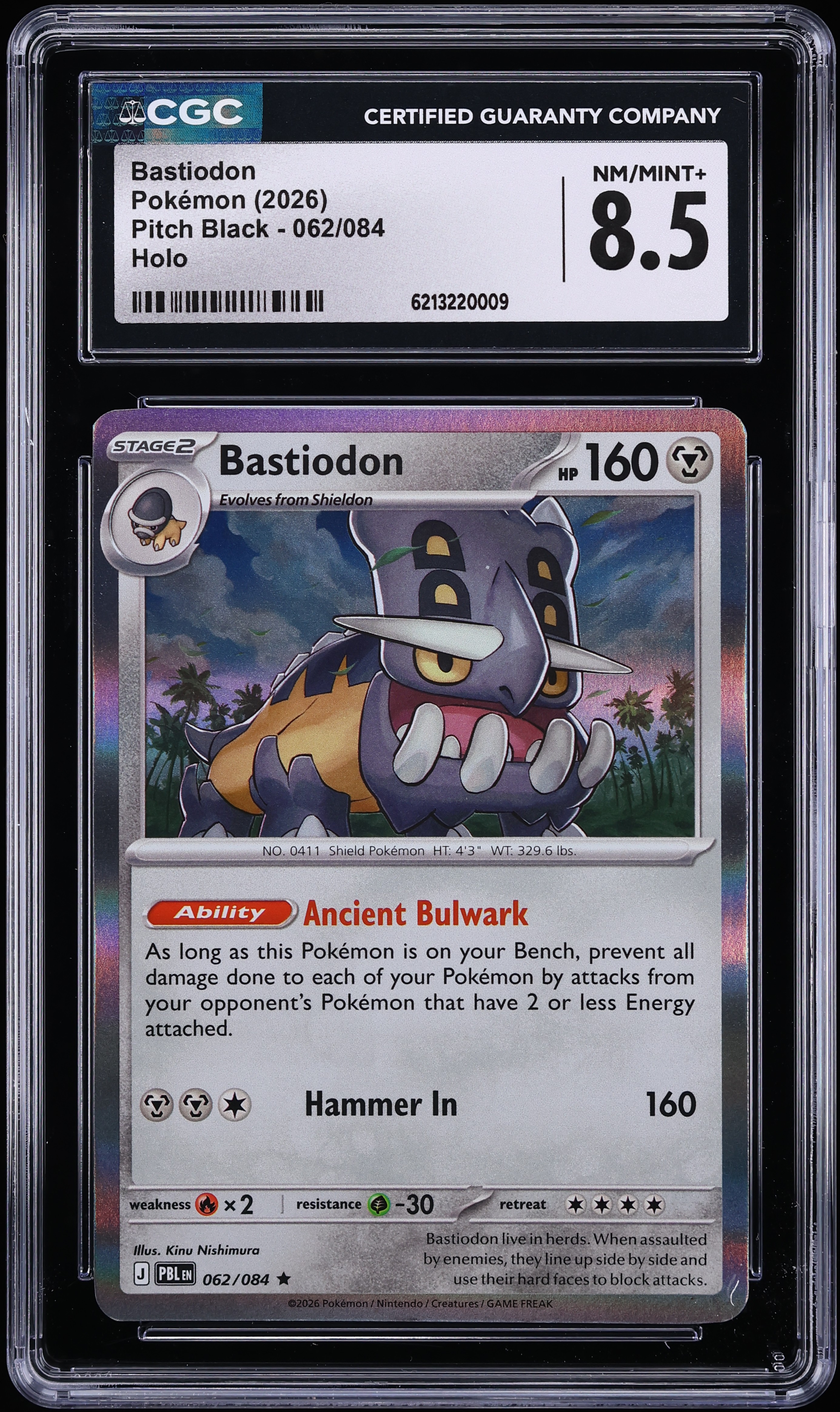 2026 Pokemon Mega Evolution Pitch Black Holo Bastiodon #62 CGC 8.5 NM-MT+