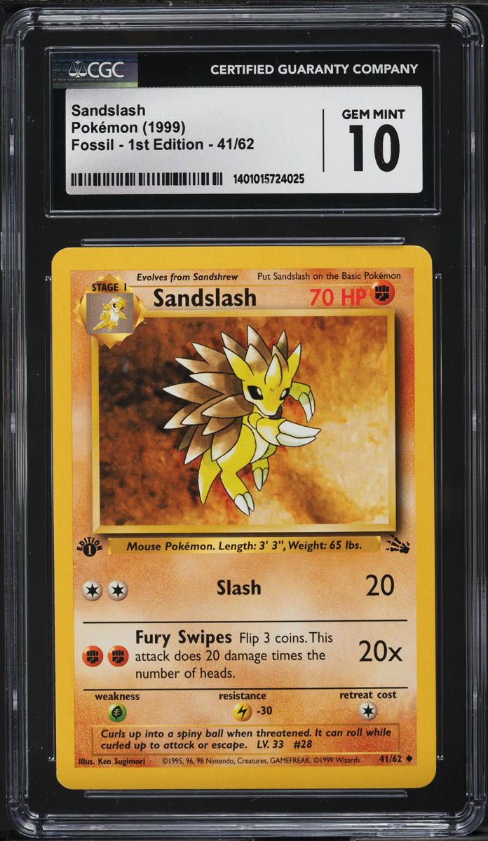 1999 Pokemon Fossil 1st Edition Sandslash #41 CGC 10 GEM MINT