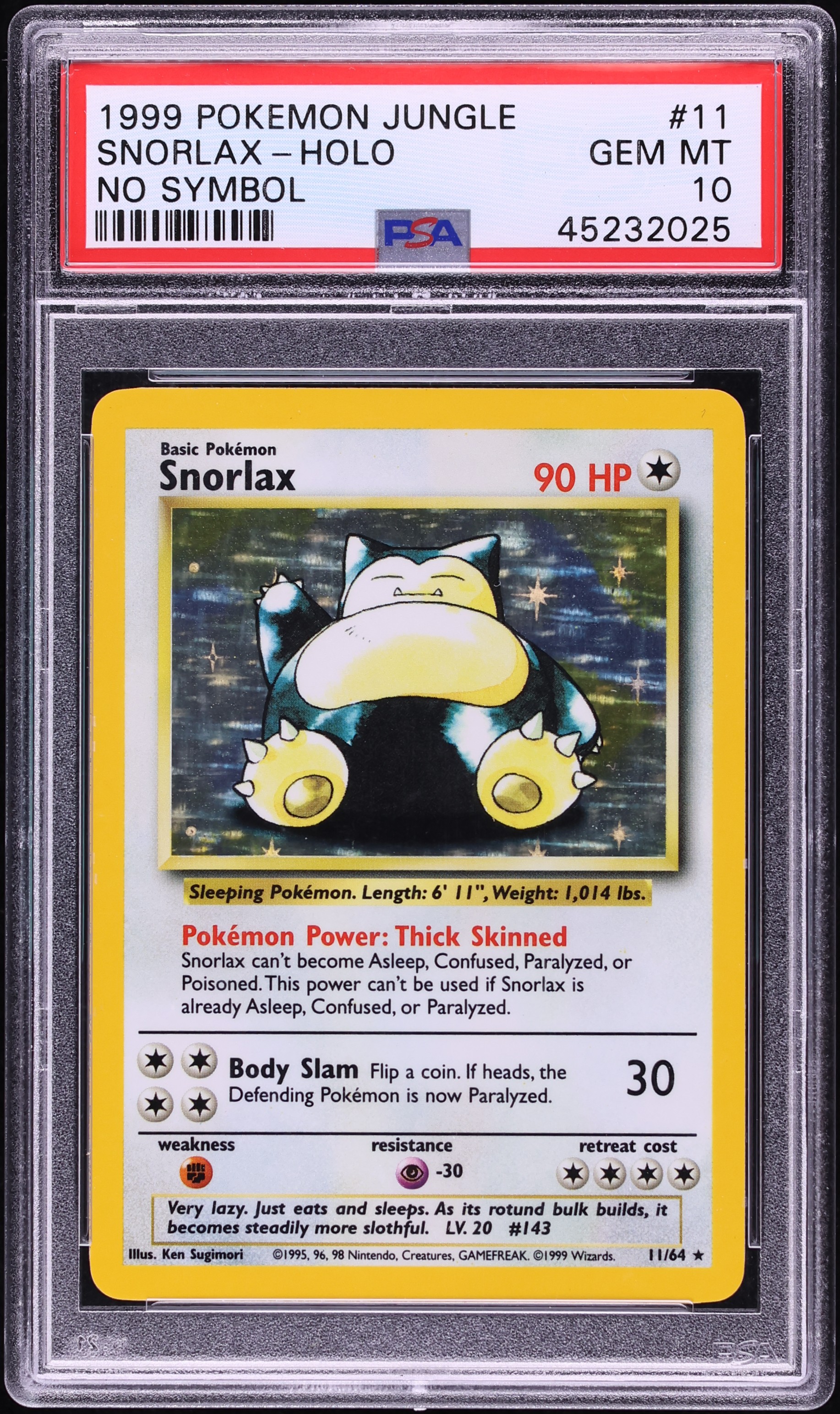 1999 Pokemon Jungle No Set Symbol Holo Snorlax #11 PSA 10 GEM MINT