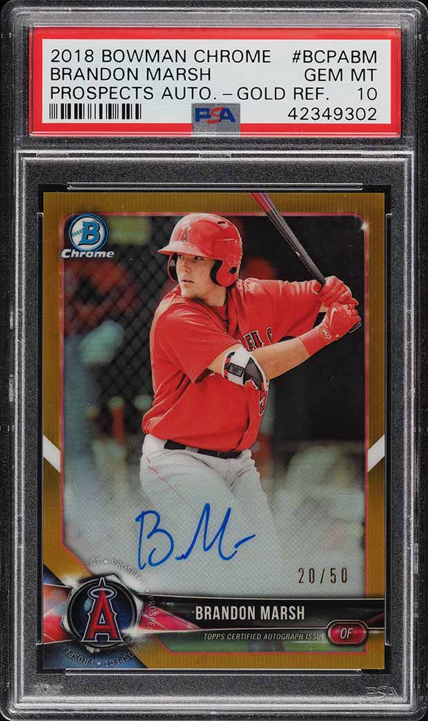 2018 Bowman Chrome Gold Refractor Brandon Marsh ROOKIE RC AUTO /50 PSA 10 GEM