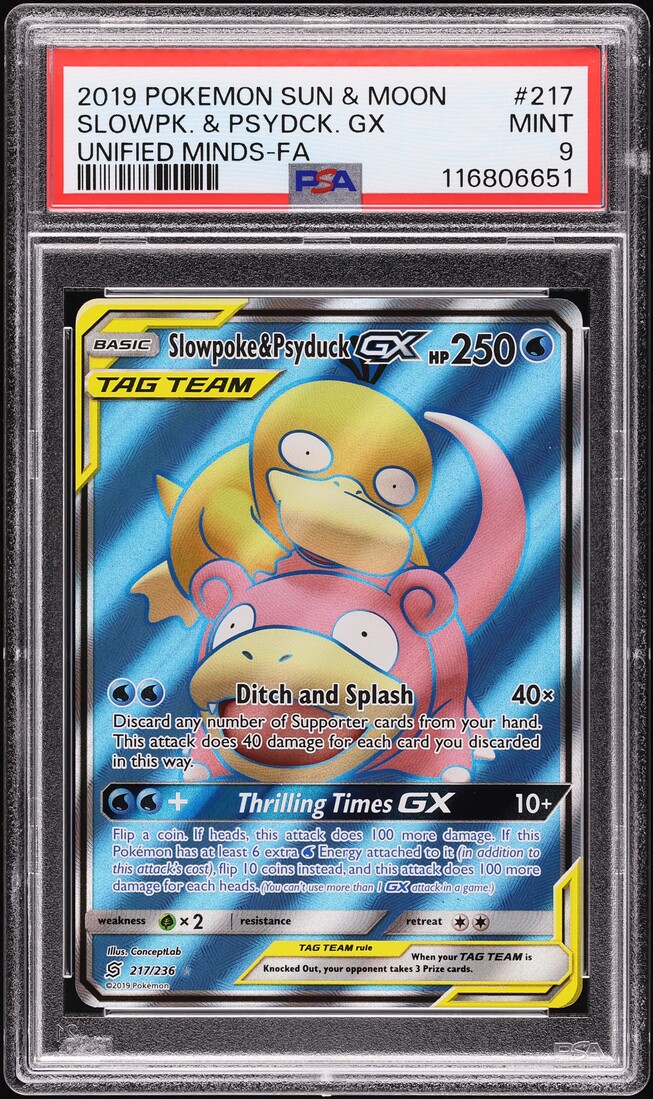 2019 Pokemon Sun & Moon Unified Minds Full Art Slowpoke & Psyduck GX #217 PSA 9
