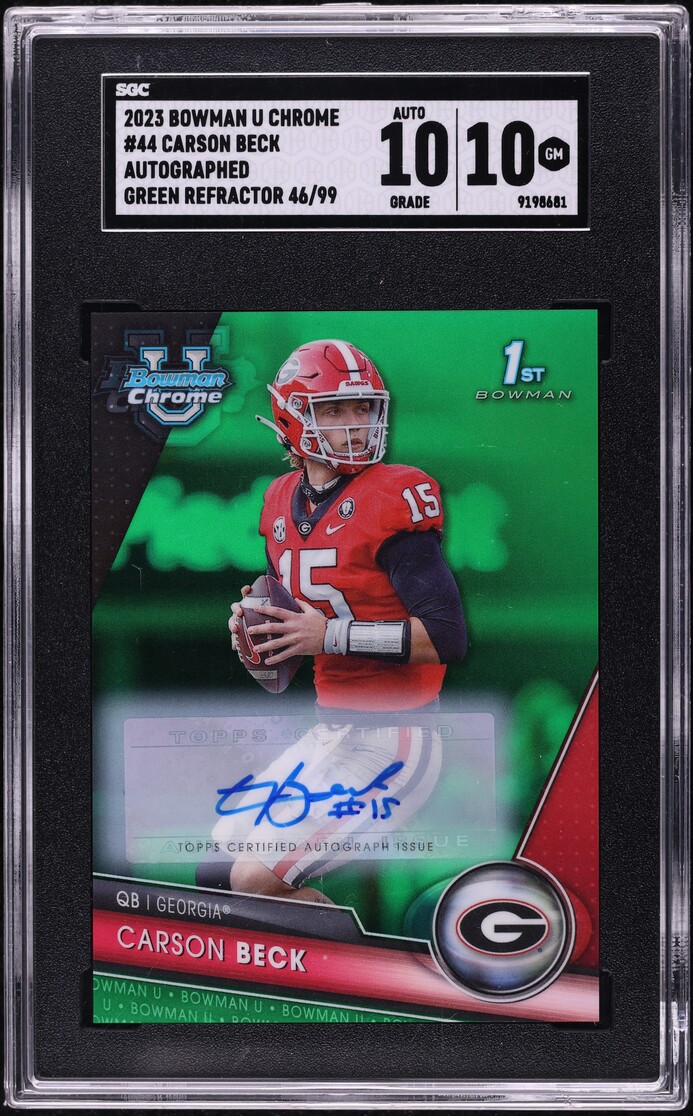 2023 Bowman Chrome U Green Refractor Carson Beck ROOKIE AUTO /99 #44 SGC 10 GEM