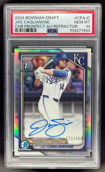 2024 Bowman Draft Chrome Refractor #CPA-JC Jac Caglianone RC Auto /499 PSA 10