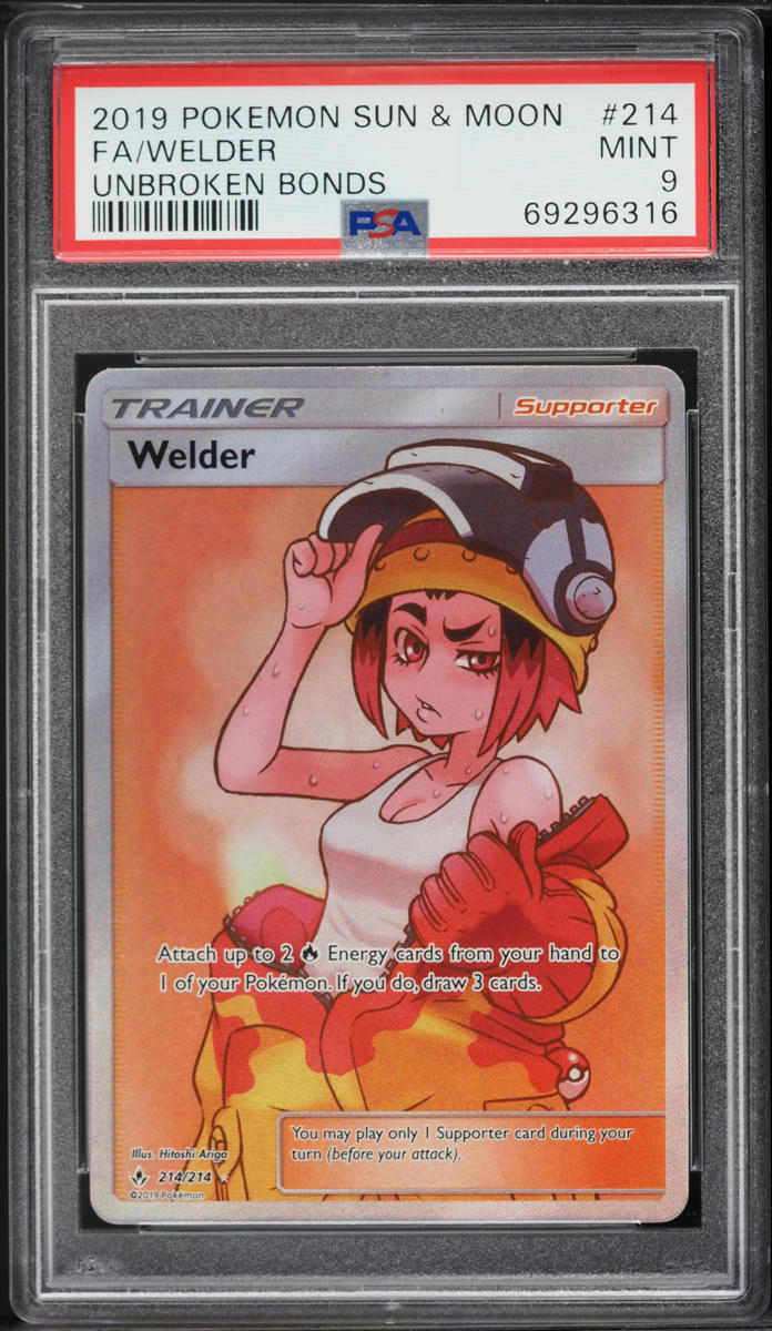 2019 Pokemon Sun & Moon Unbroken Bonds Full Art Welder #214 PSA 9 MINT