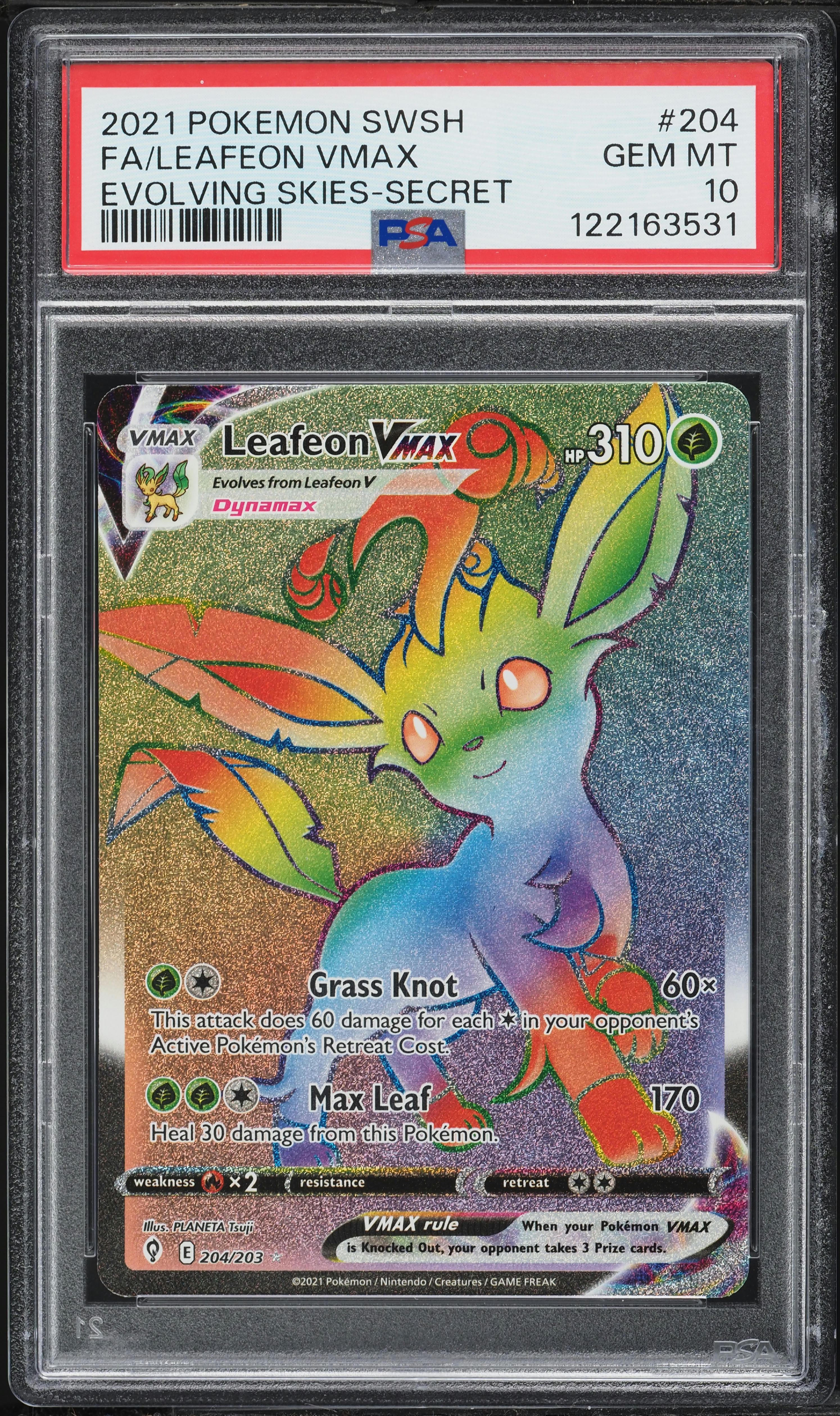 2021 Pokemon Sword & Shield Evolving Skies Rainbow Rare Leafeon VMAX #204 PSA 10 GEM MINT