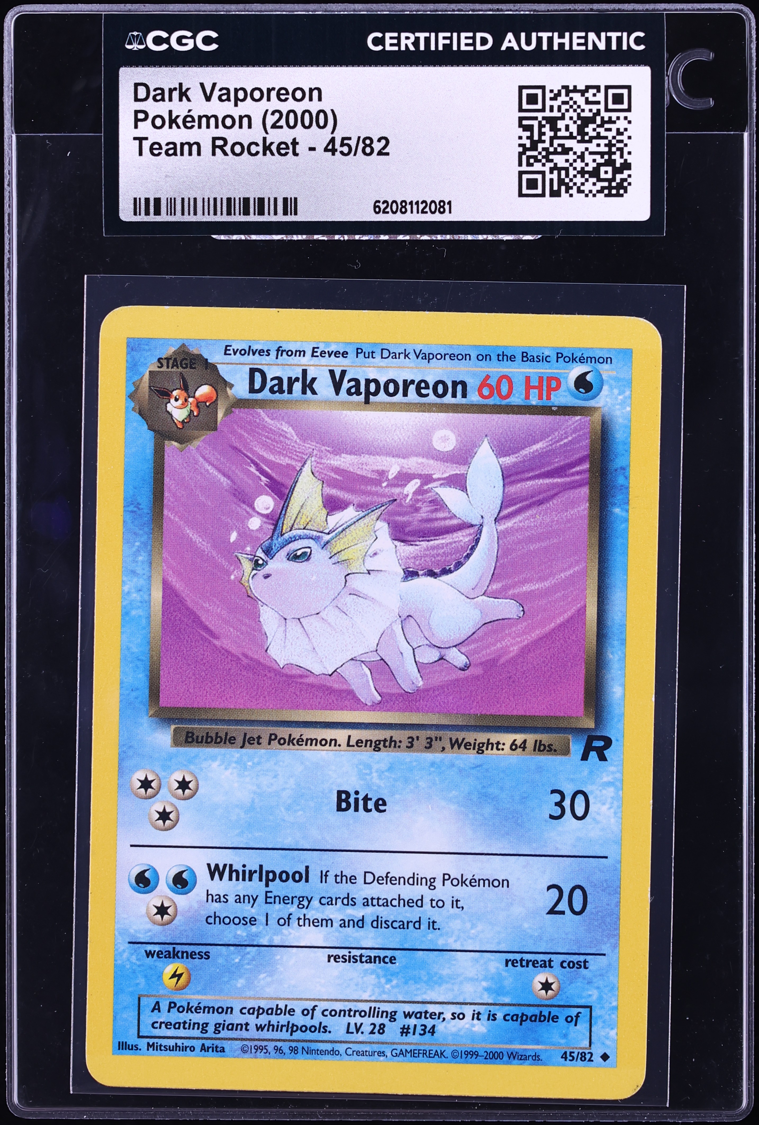 2000 Pokemon Team Rocket Dark Vaporeon #45 CGC AUTH