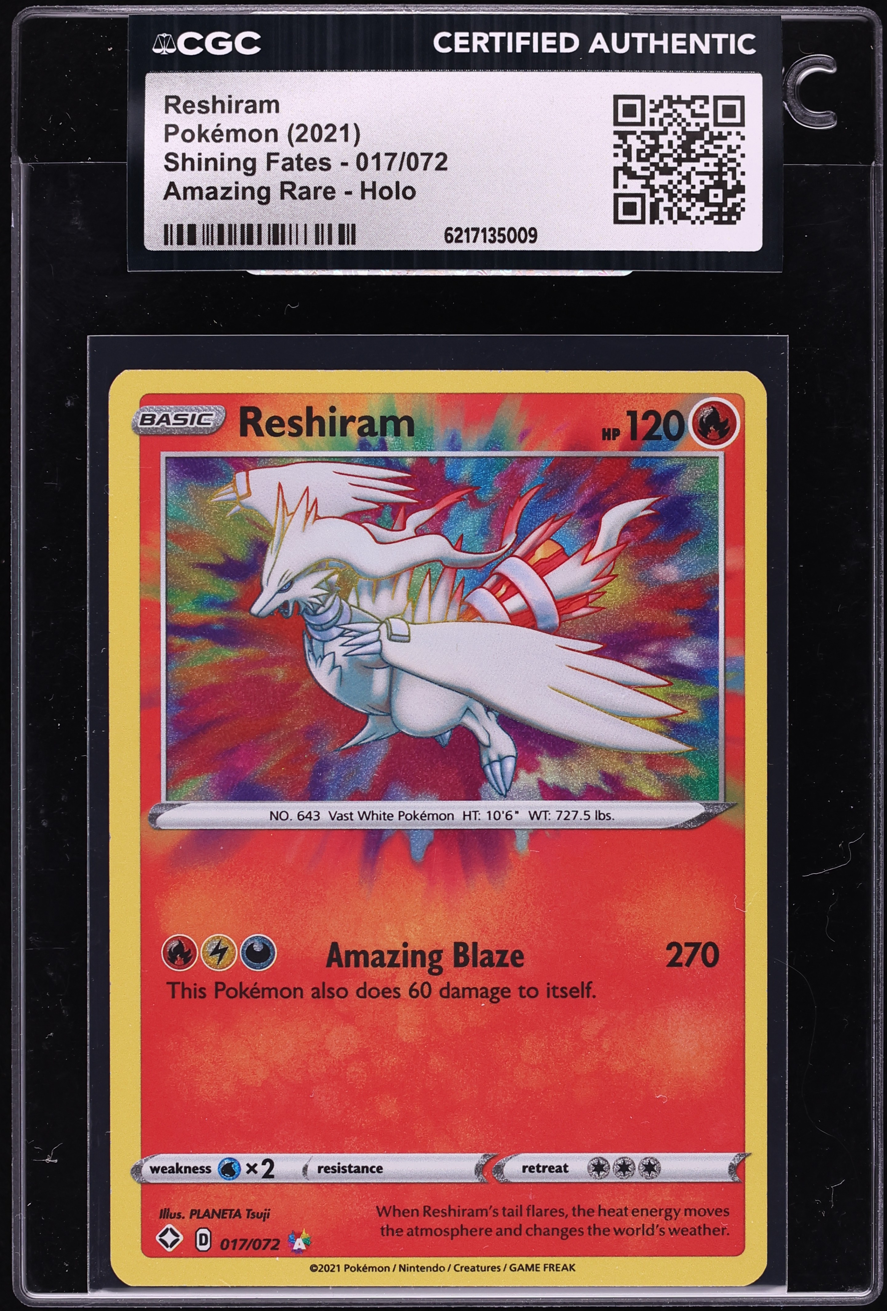 2021 Pokemon Sword & Shield Shining Fates Amazing Rare Reshiram #17 CGC AUTH