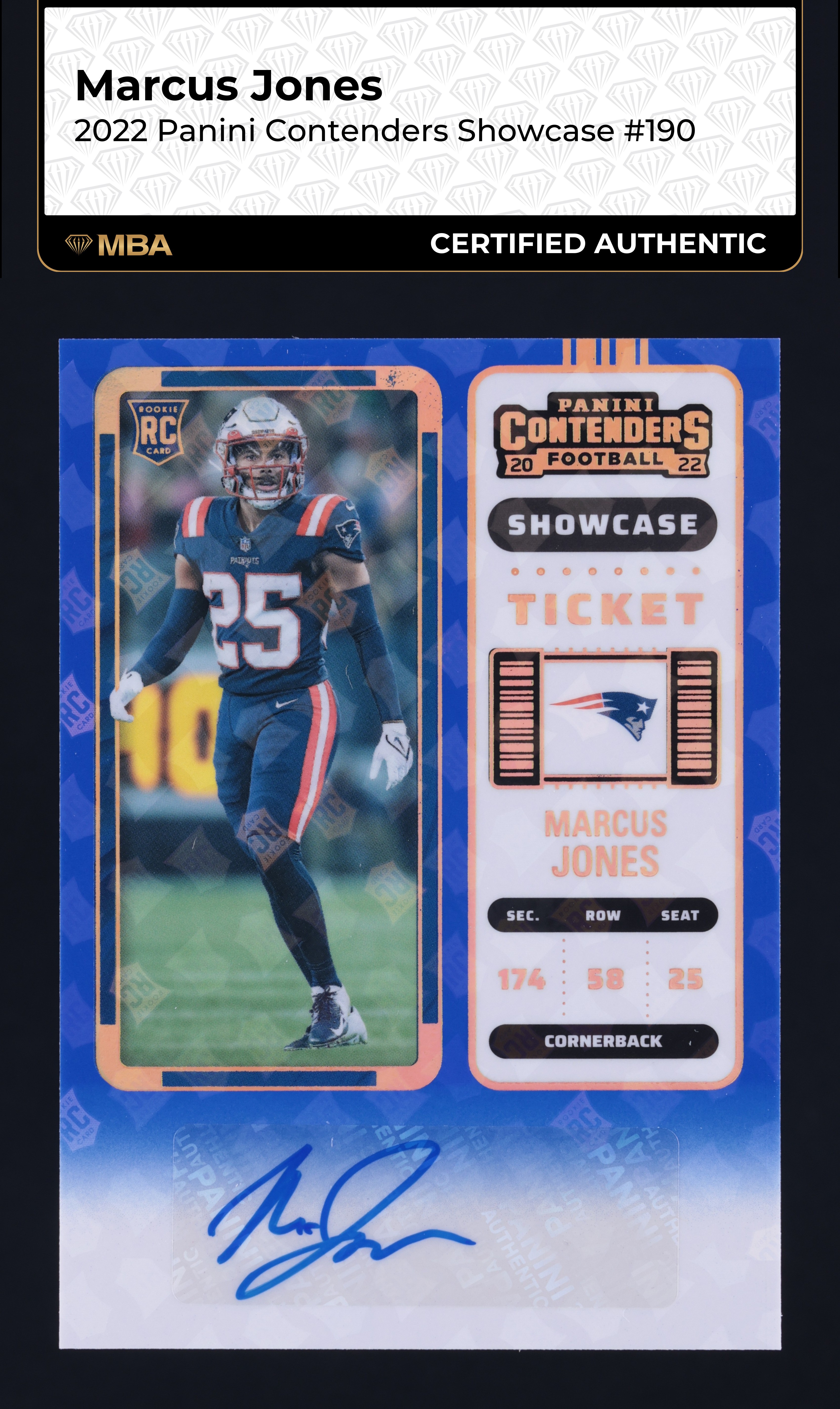 2022 Panini Contenders Showcase Marcus Jones ROOKIE AUTO #190 MBA AUTH