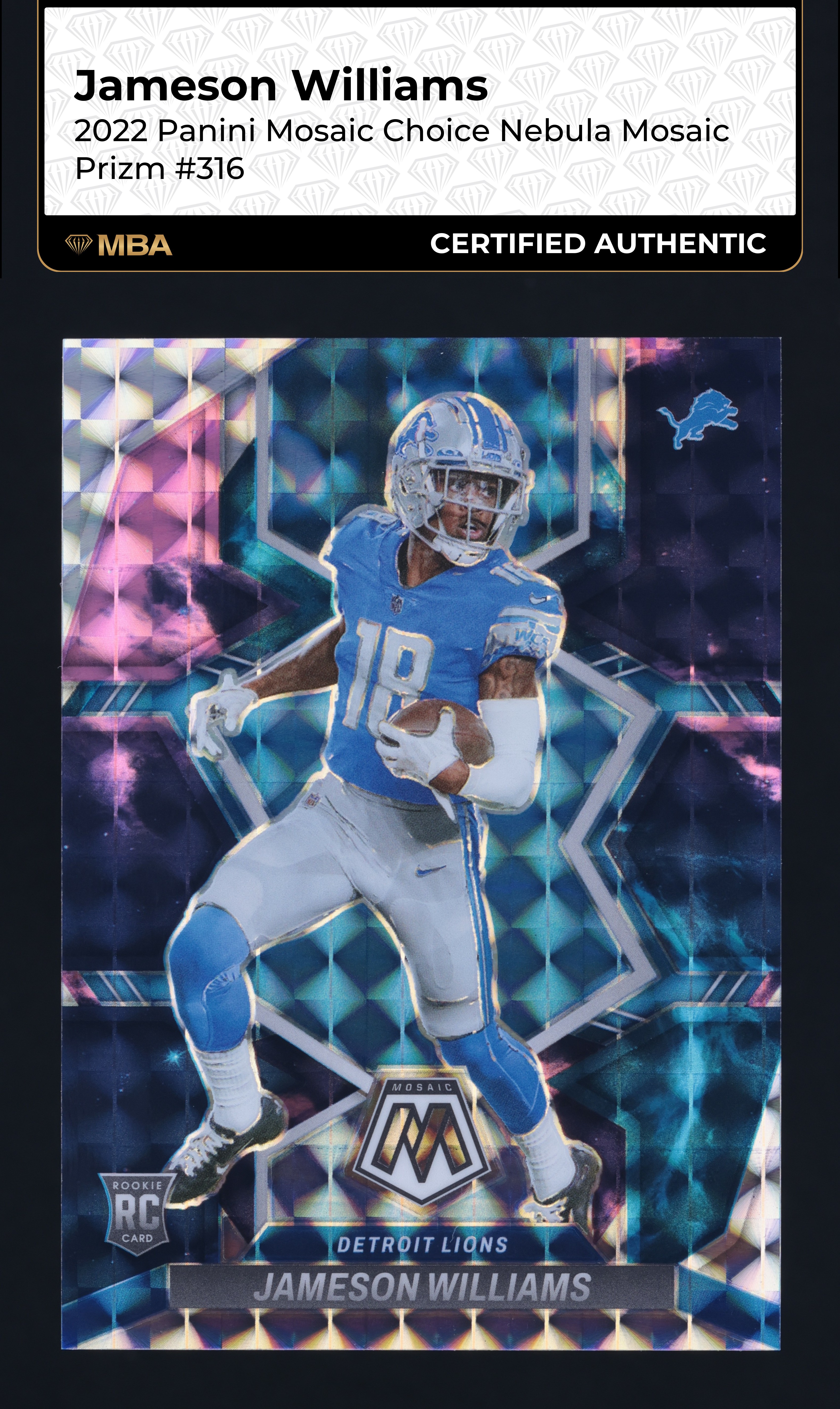 2022 Panini Mosaic Choice Nebula Prizm Jameson Williams ROOKIE 1/1 #316 MBA AUTH