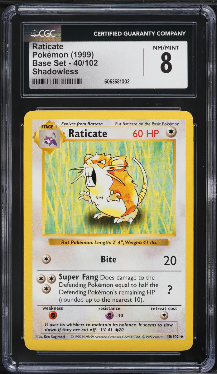 1999 Pokemon Base Set Shadowless Raticate #40 CGC 8 NM-MT