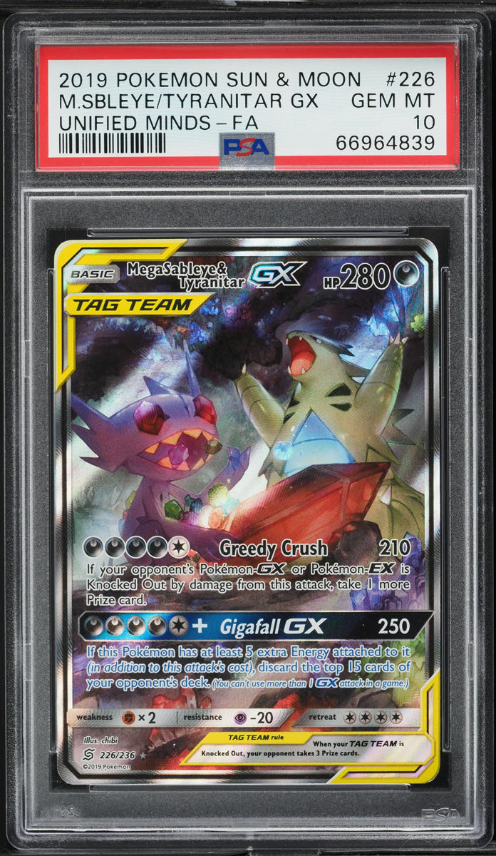 2019 Pokemon SM Unified Minds Full Art Mega Sableye & Tyranitar GX #226 PSA 10