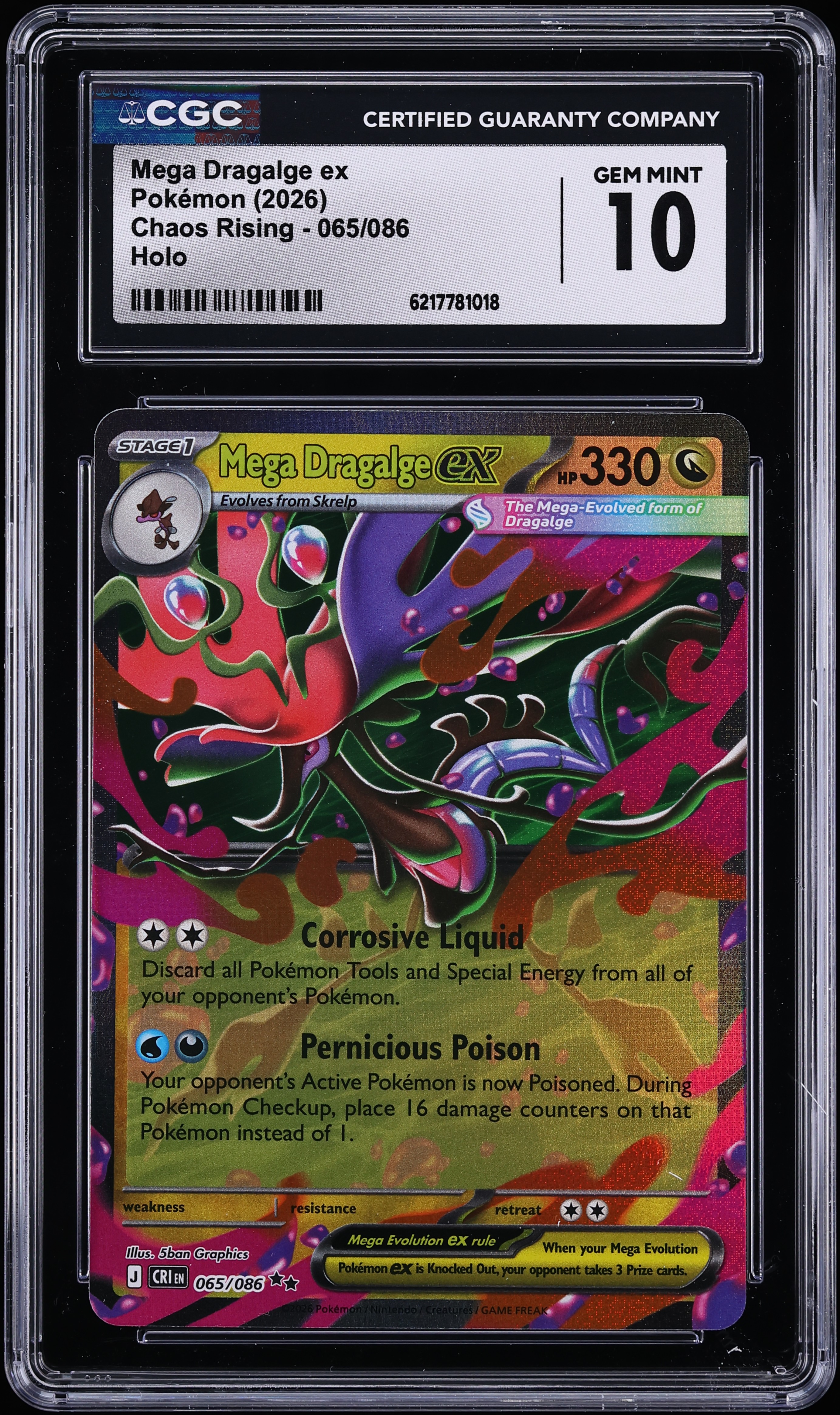 2026 Pokemon Mega Evolution Chaos Rising Holo Mega Dragalge EX #65 CGC 10 GEM MINT
