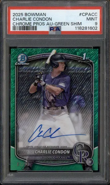 2025 Bowman Chrome Auto Green Shimmer #CPACC Charlie Condon RC /99 PSA 9