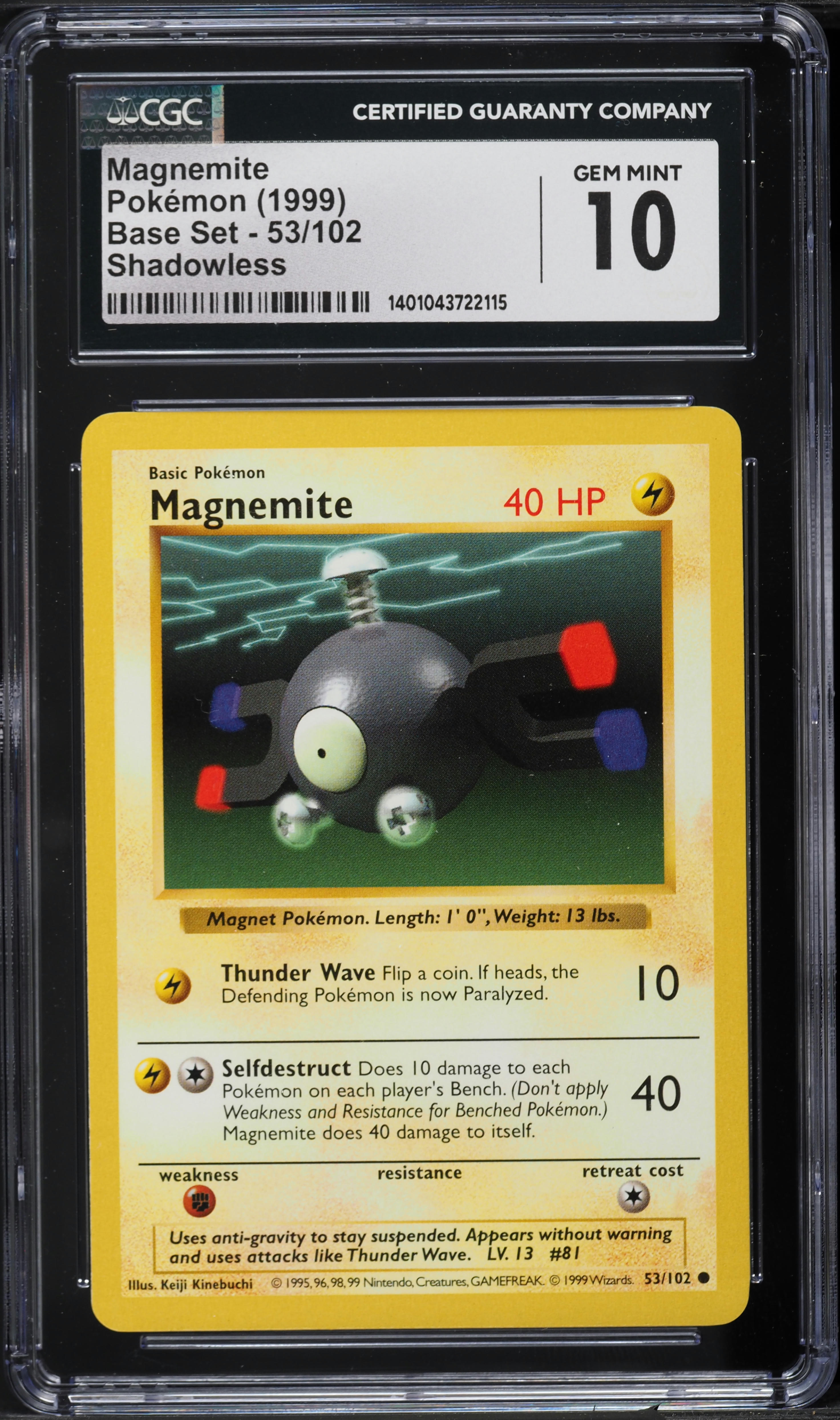 1999 Pokemon Base Set Shadowless Magnemite #53 CGC 10 GEM MINT