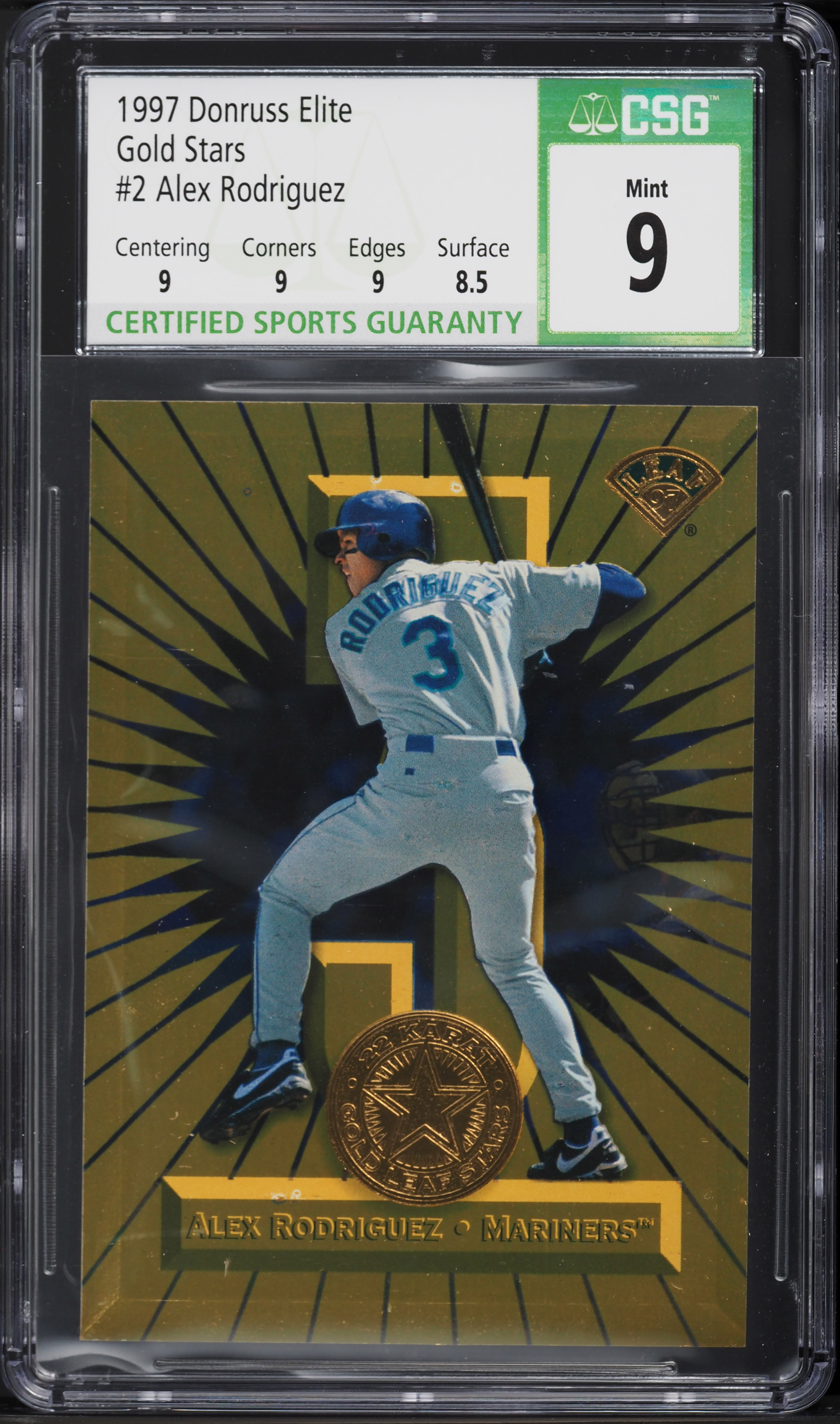 1997 Donruss Elite Gold Stars Alex Rodriguez /2500 #2 CSG 9 MINT