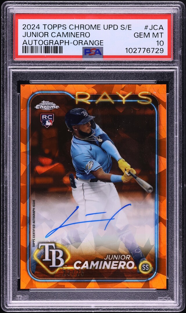 2024 Topps Chrome Update Sapphire Orange Junior Caminero ROOKIE AUTO /25 PSA 10