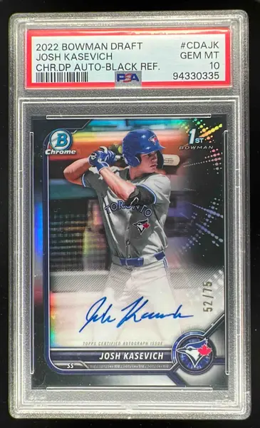 2022 Bowman Draft Chrome Black Refractor #CDAJK Josh Kasevich RC Auto /75 PSA 10