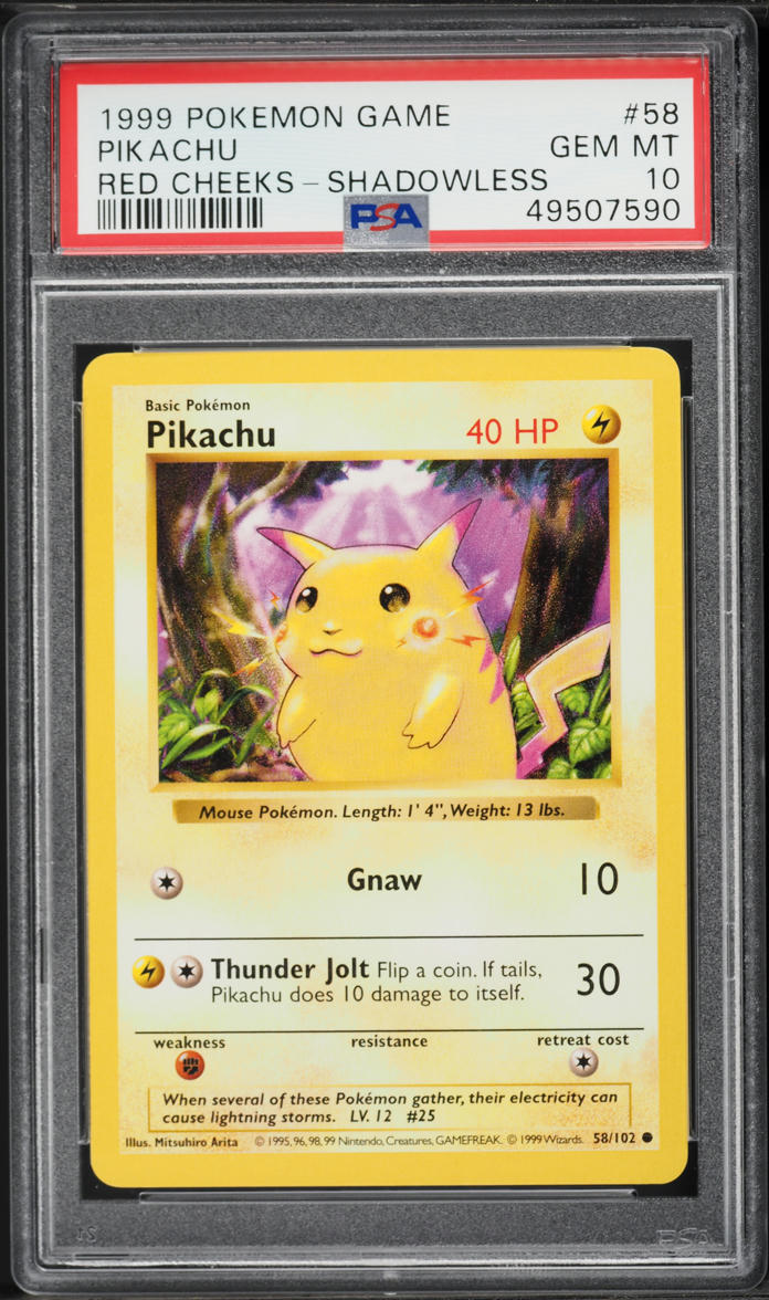 1999 Pokemon Base Set Shadowless Red Cheeks Pikachu #58 PSA 10 GEM MINT