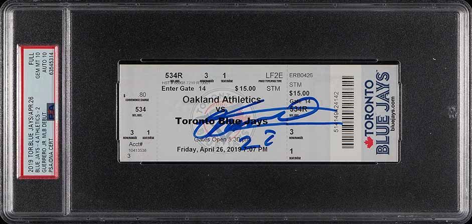 2019 Blue Jays Full Ticket Vladimir Guerrero Jr. MLB Debut AUTO DNA 10 PSA 10