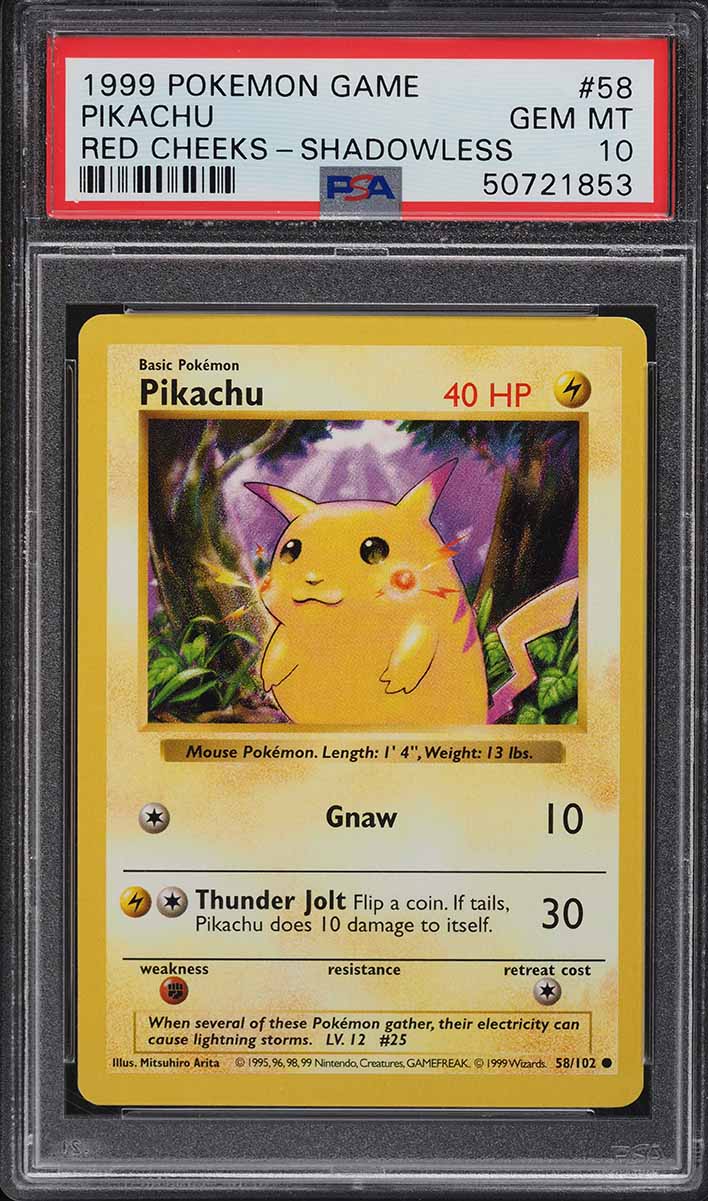 1999 Pokemon Base Set Shadowless Red Cheeks Pikachu #58 PSA 10 GEM MINT