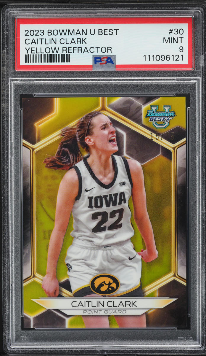2023 Bowman University Best Yellow Refractor Caitlin Clark /75 #30 PSA 9 MINT