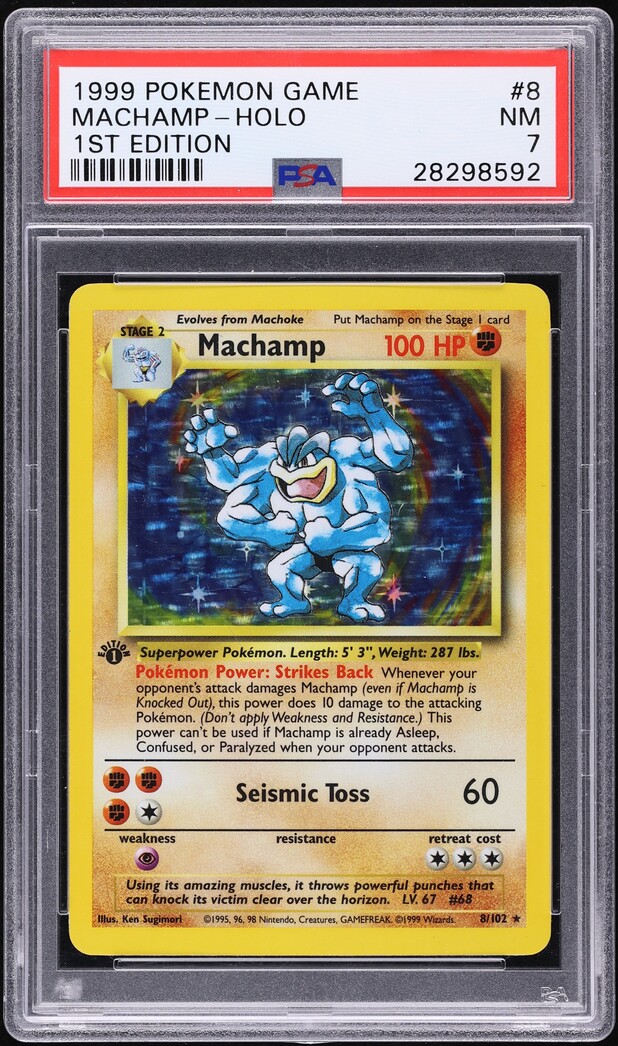 1999 Pokemon Base Set 1st Edition Shadowless Holo Machamp #8 PSA 7 NRMT