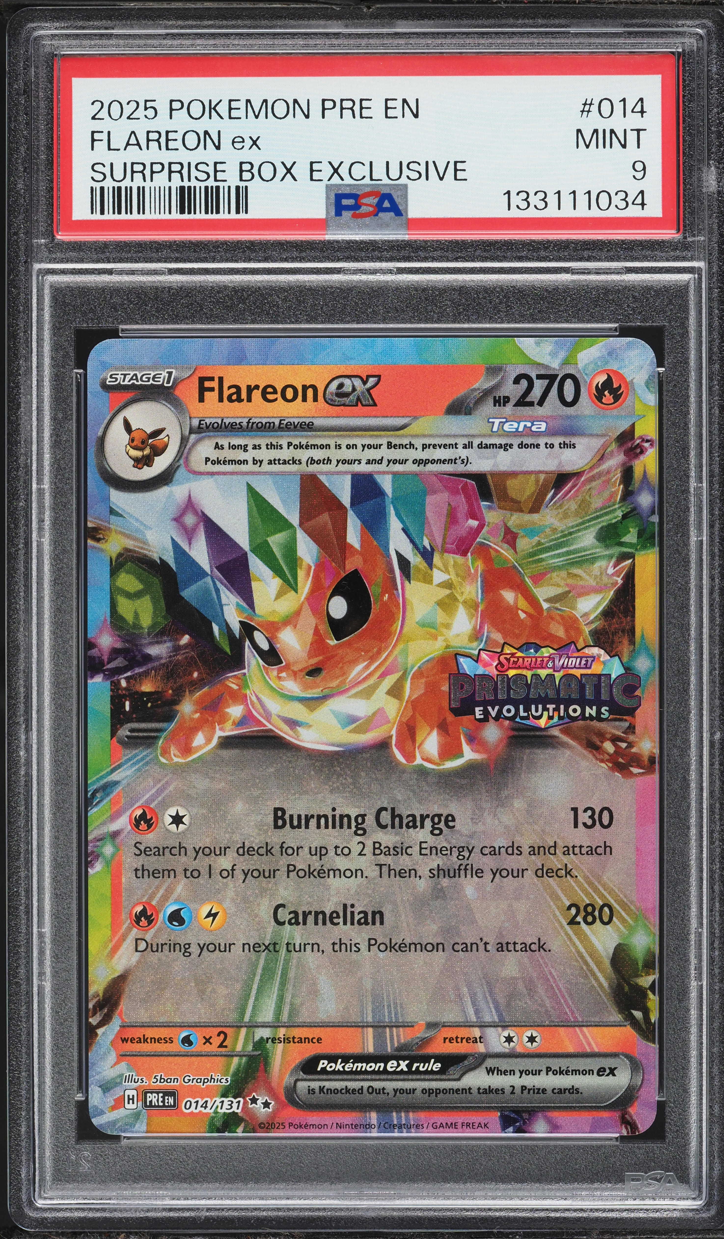 2025 Pokemon Scarlet & Violet Prismatic Evolutions Surprise Box Holo Flareon EX #14 PSA 9 MINT