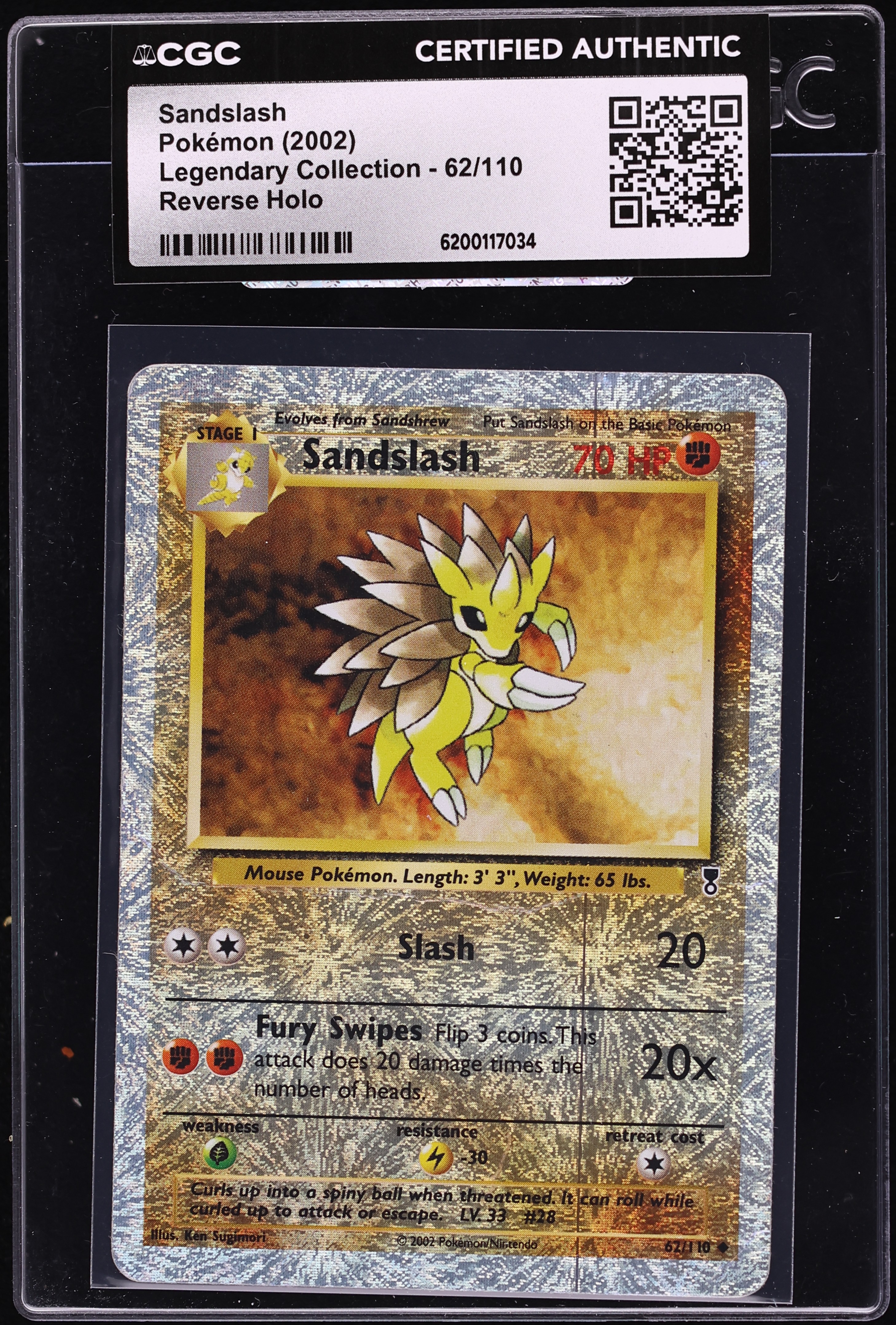 2002 Pokemon Legendary Collection Reverse Holo Sandslash #62 CGC AUTH