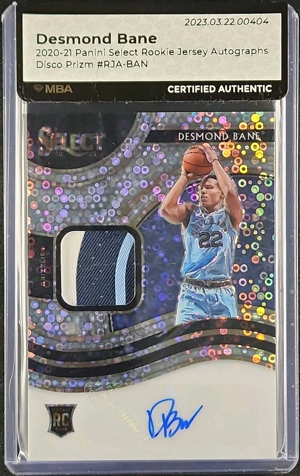 2020 Select Jersey Disco Prizm Desmond Bane ROOKIE PATCH AUTO #RJA-BAN MBA AUTH