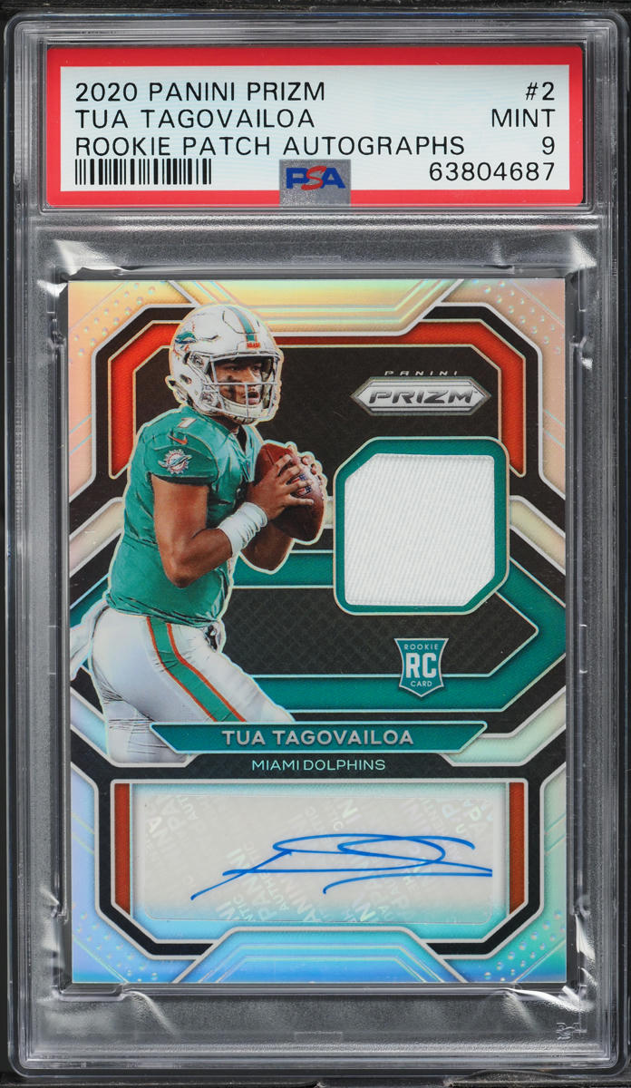 2020 Panini Prizm Silver Tua Tagovailoa ROOKIE PATCH AUTO /99 #2 PSA 9 MINT