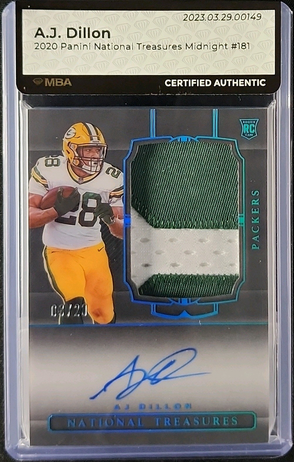 2020 National Treasures Midnight AJ Dillon ROOKIE PATCH AUTO /20 #181 MBA AUTH