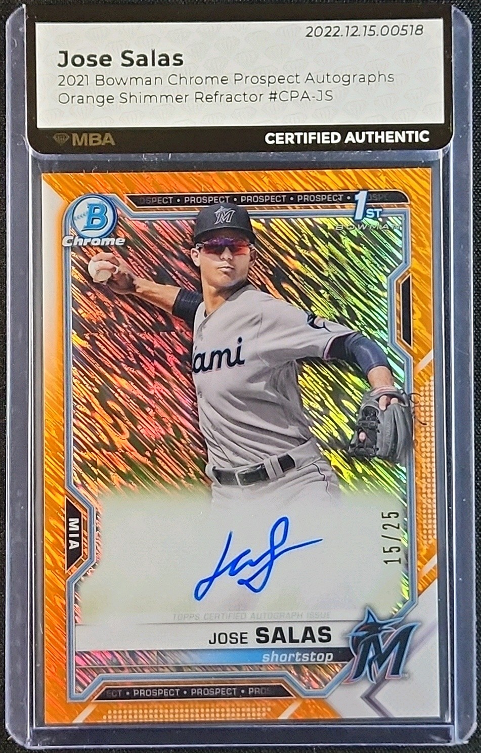 2021 Bowman Chrome Orange Shimmer Refractor Jose Salas ROOKIE AUTO /25 MBA AUTH