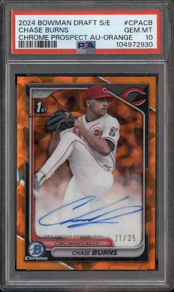 2024 Bowman Chrome Sapphire Auto Orange #CPACB Chase Burns RC /25 PSA 10