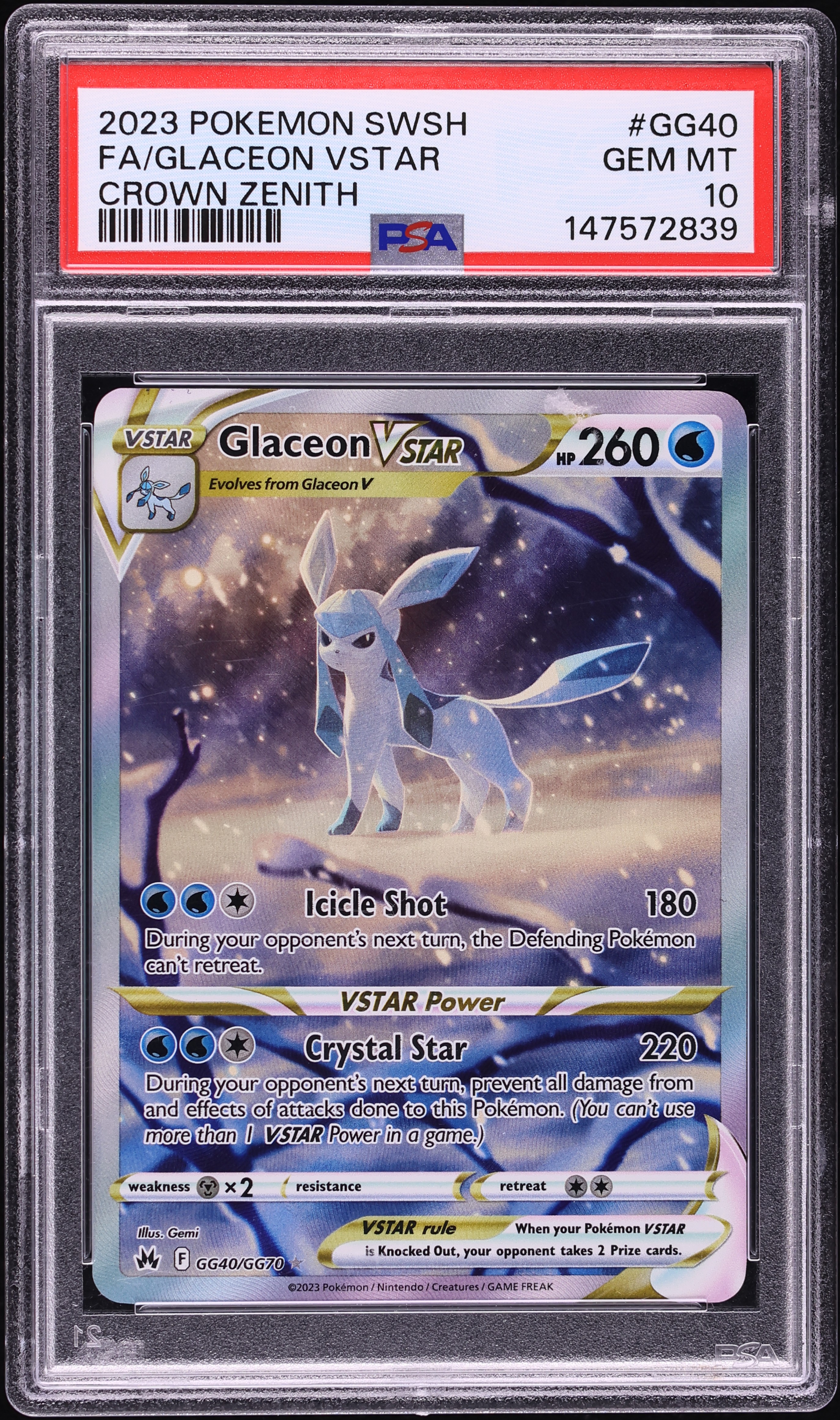 2023 Pokemon Sword & Shield Crown Zenith Full Art Glaceon VSTAR #GG40 PSA 10 GEM MINT