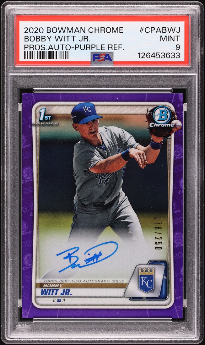 2020 Bowman Chrome Purple Refractor Bobby Witt Jr. PROSPECT AUTO /250 #CPA-BWJ PSA 9 MINT