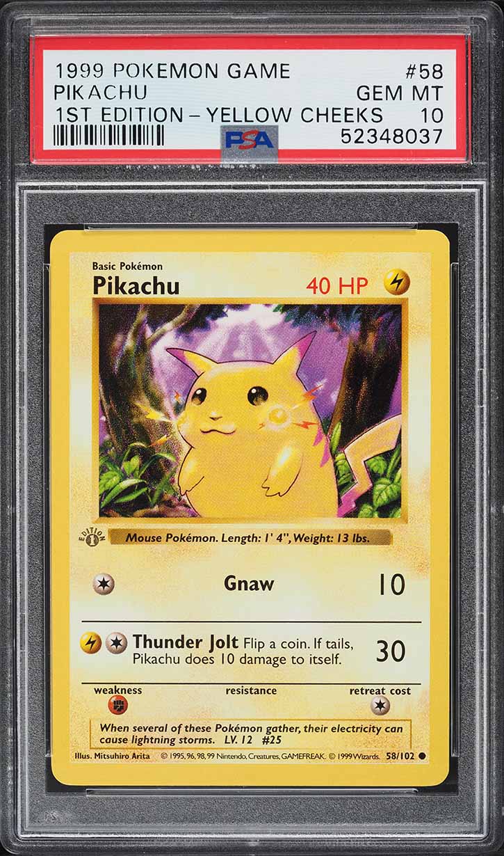 1999 Pokemon Base Set Shadowless 1st Edition Yellow Cheeks Pikachu #58 PSA 10
