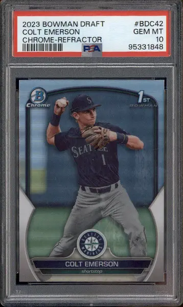 2023 Bowman Draft Chrome Refractor #BDC42 Colt Emerson RC PSA 10