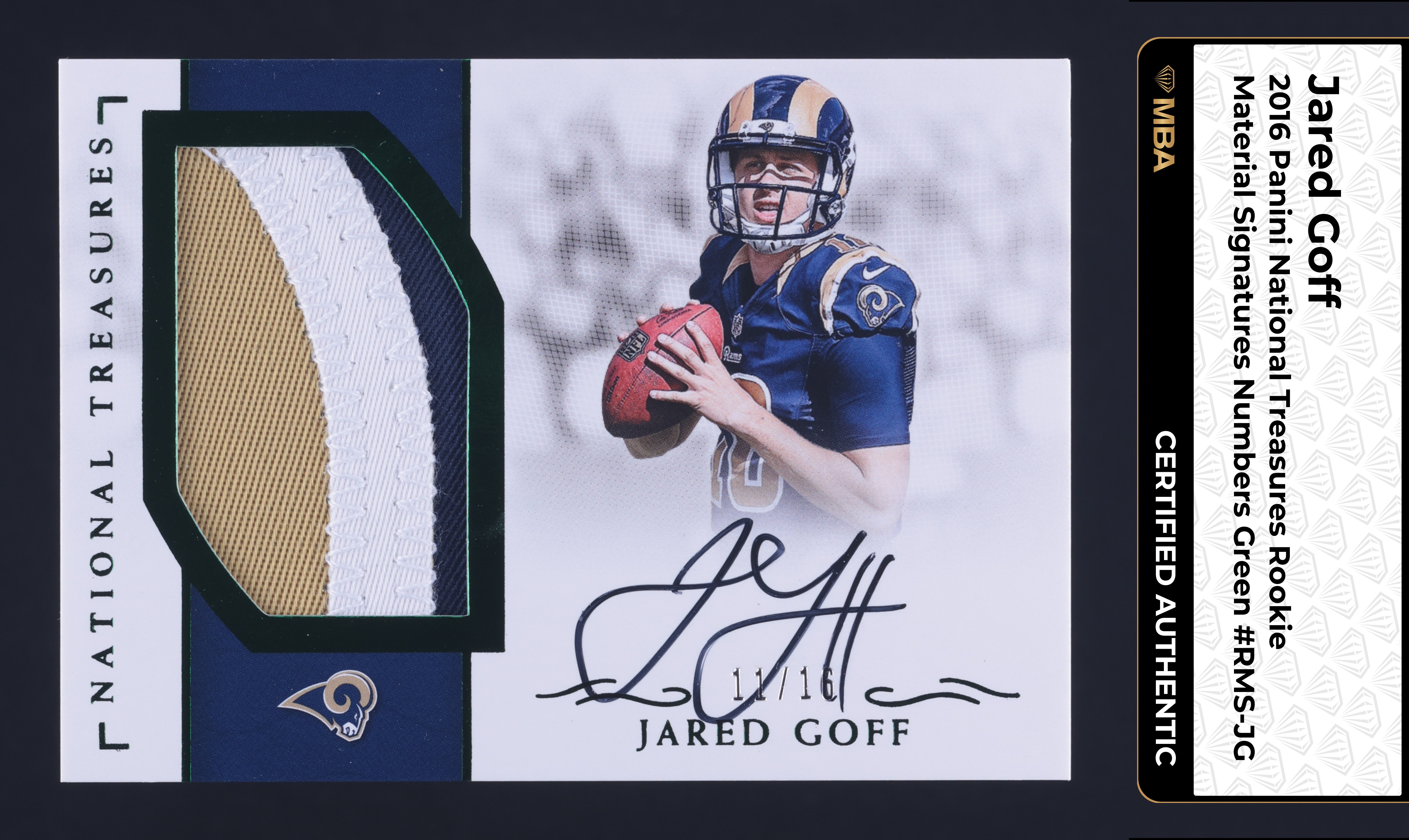 2016 National Treasures Numbers Green Jared Goff ROOKIE PATCH AUTO /16 MBA AUTH