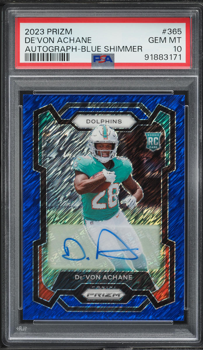 2023 Panini Prizm Blue Shimmer De'Von Achane RC AUTO /25 #365 PSA 10 GEM MINT