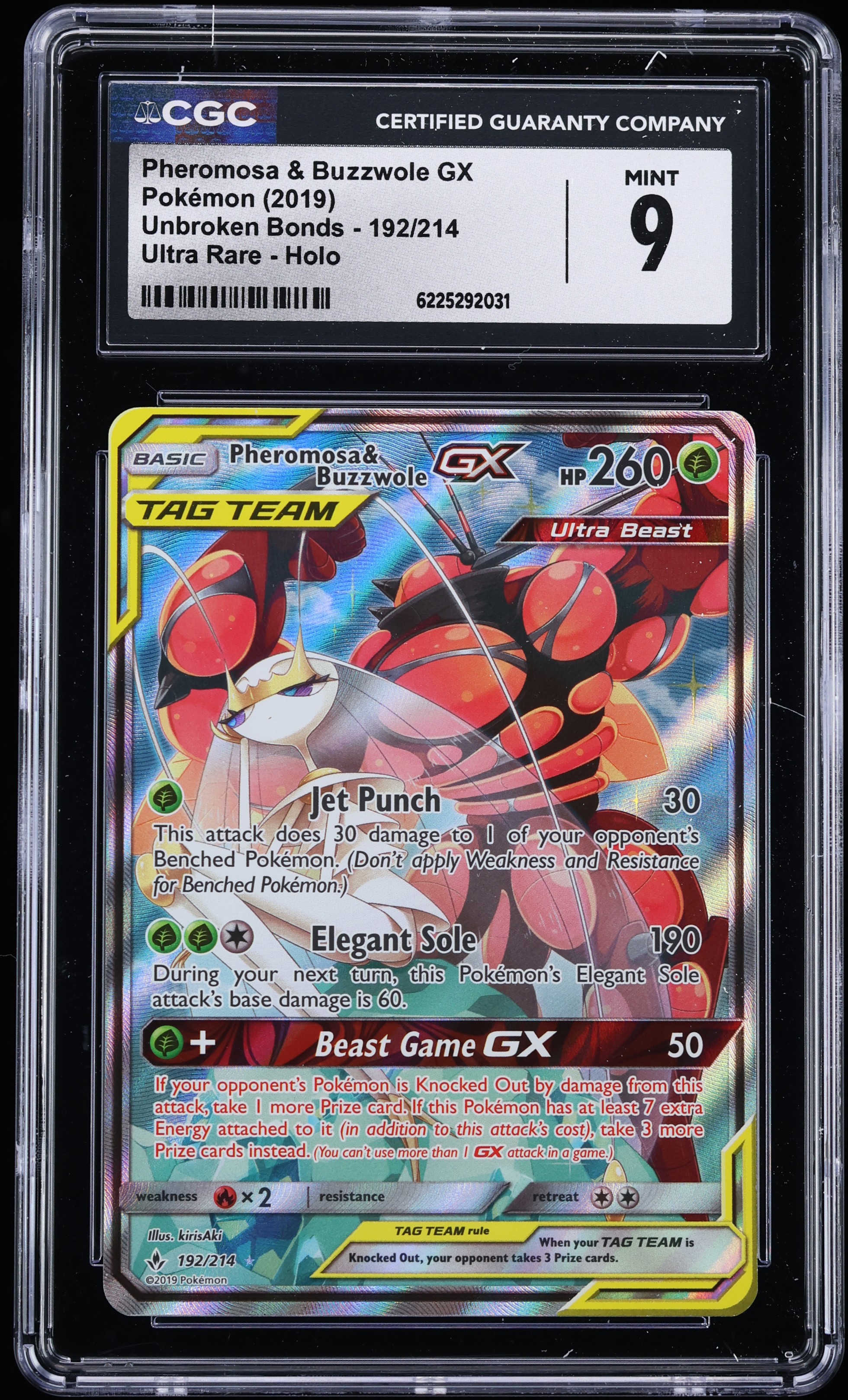 2019 Pokemon Sun & Moon Unbroken Bonds Full Art Pheromosa & Buzzwole GX #192 CGC 9 MINT