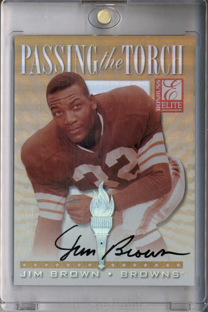 1999 Donruss Elite Passing the Torch Dual Auto Jim Brown Terrell Davis /1500