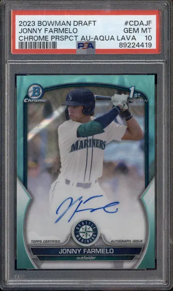 2023 Bowman Draft Chrome Autograph Aqua Lava #CDAJF Jonny Farmelo RC /199 PSA 10