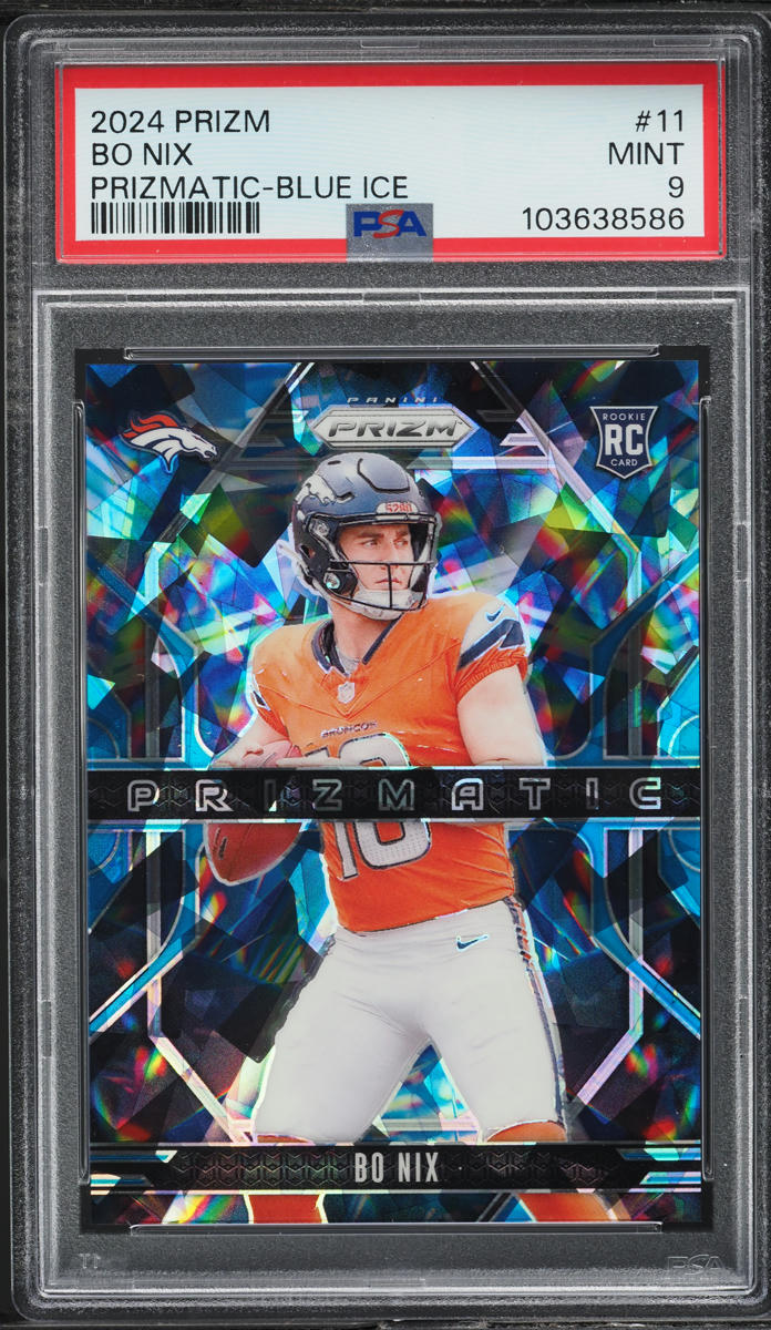2024 Panini Prizm Prizmatic Blue Ice Bo Nix ROOKIE /99 #11 PSA 9 MINT