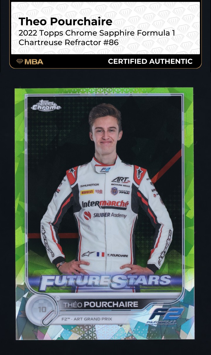 2022 Topps Chrome Sapphire F1 Chartreuse Refractor Theo Pourchaire /199 MBA AUTH