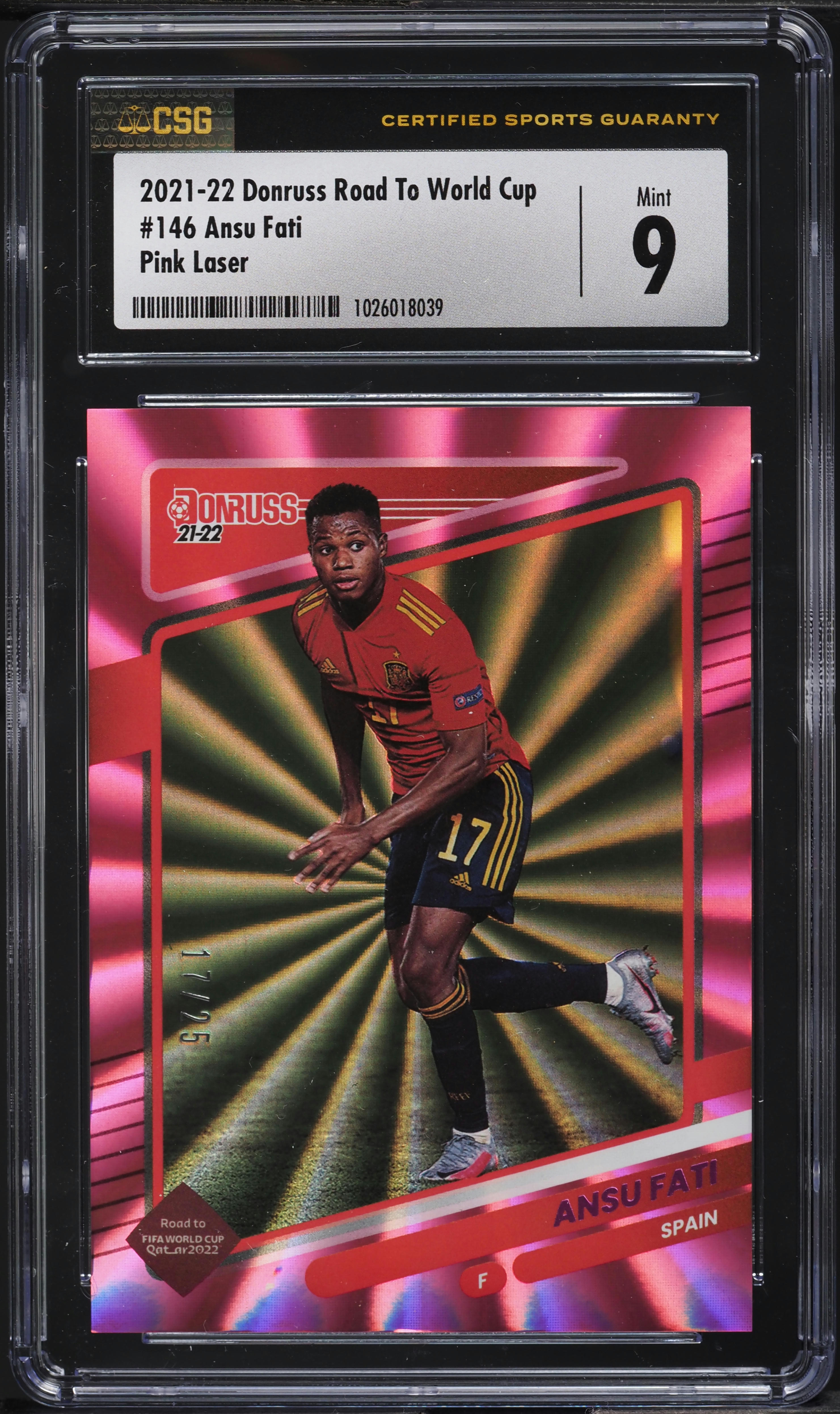 2021 Donruss Road To World Cup Pink Laser Ansu Fati JSY # 17/25 #146 CSG 9 MINT