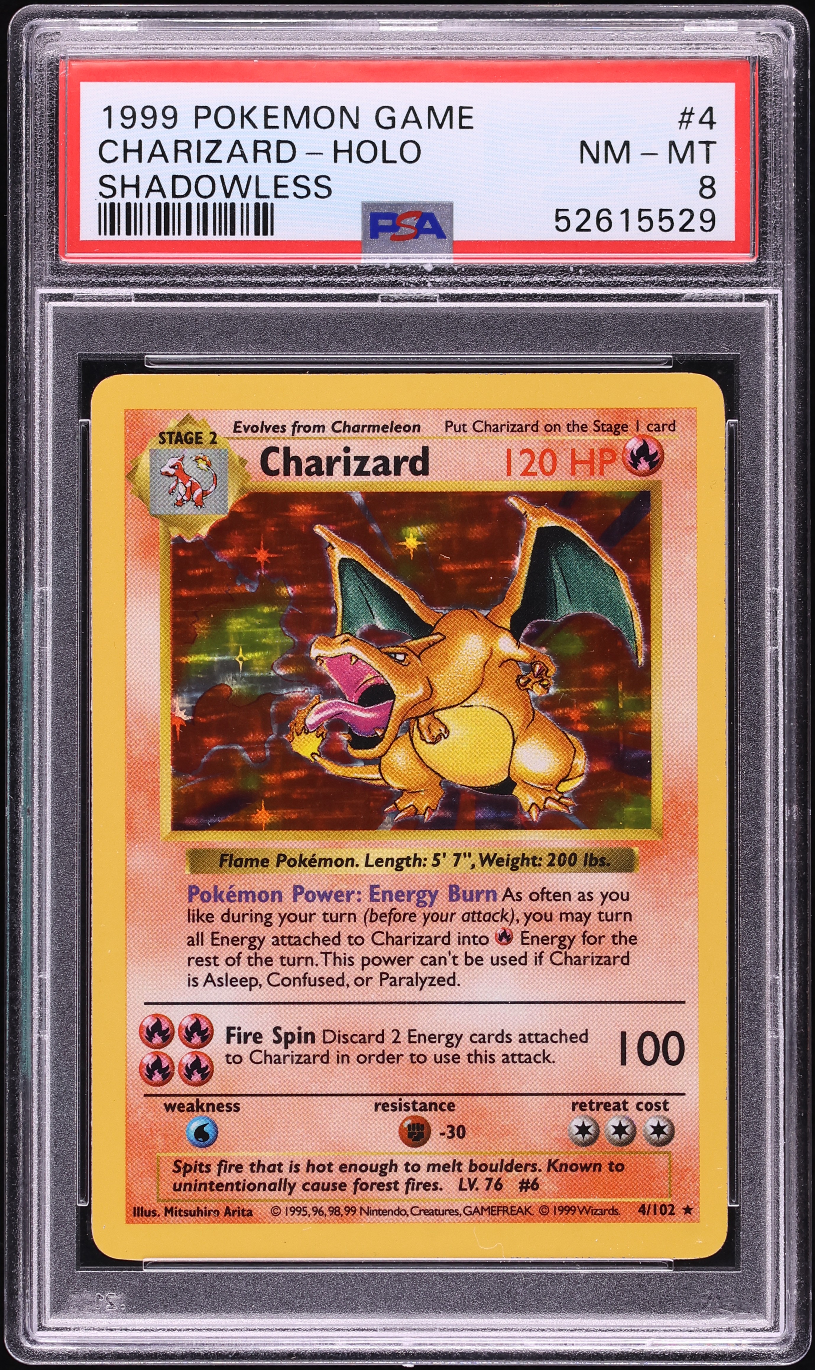 1999 Pokemon Base Set Shadowless Holo Charizard #4 PSA 8 NM-MT