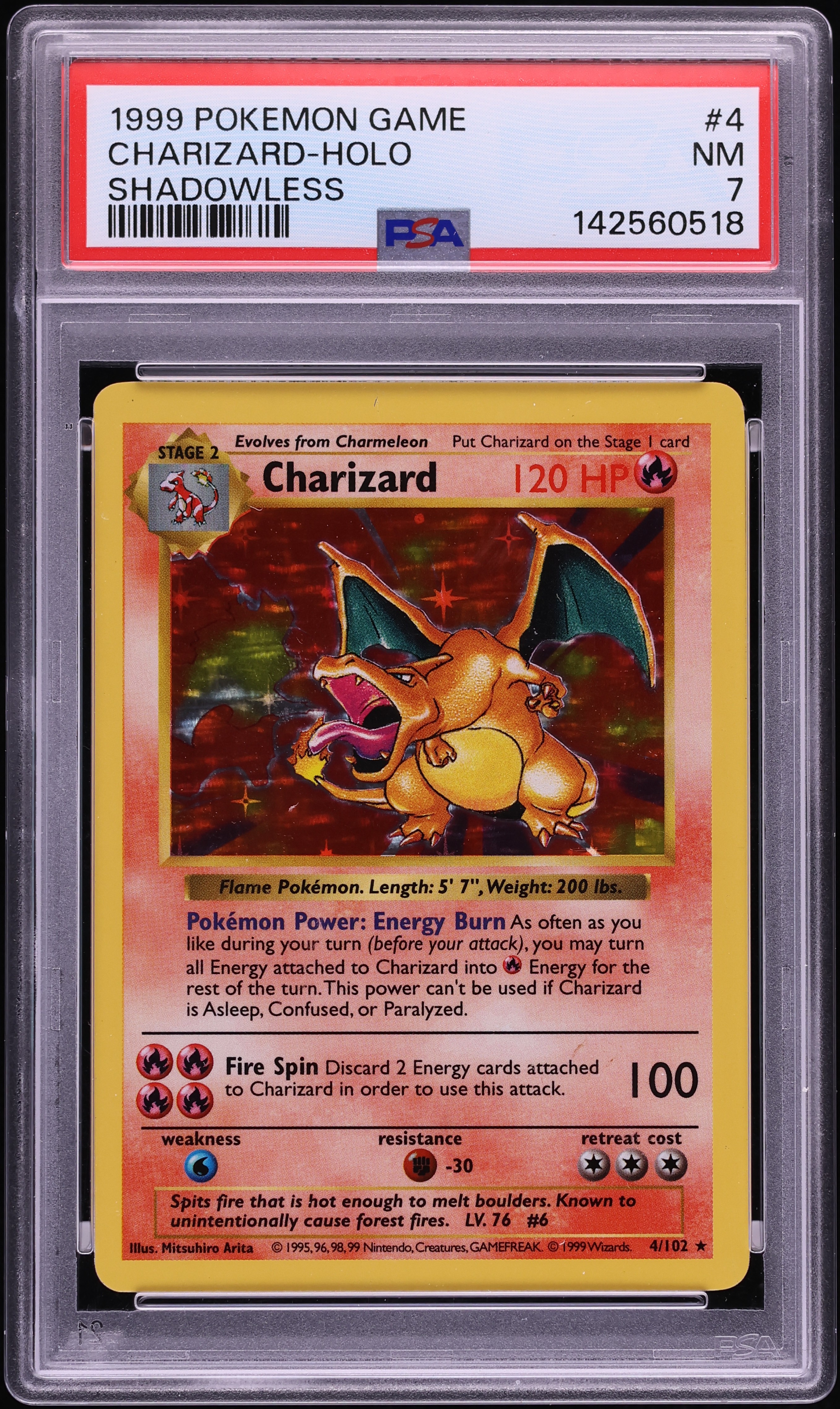 1999 Pokemon Base Set Shadowless Holo Charizard #4 PSA 7 NRMT