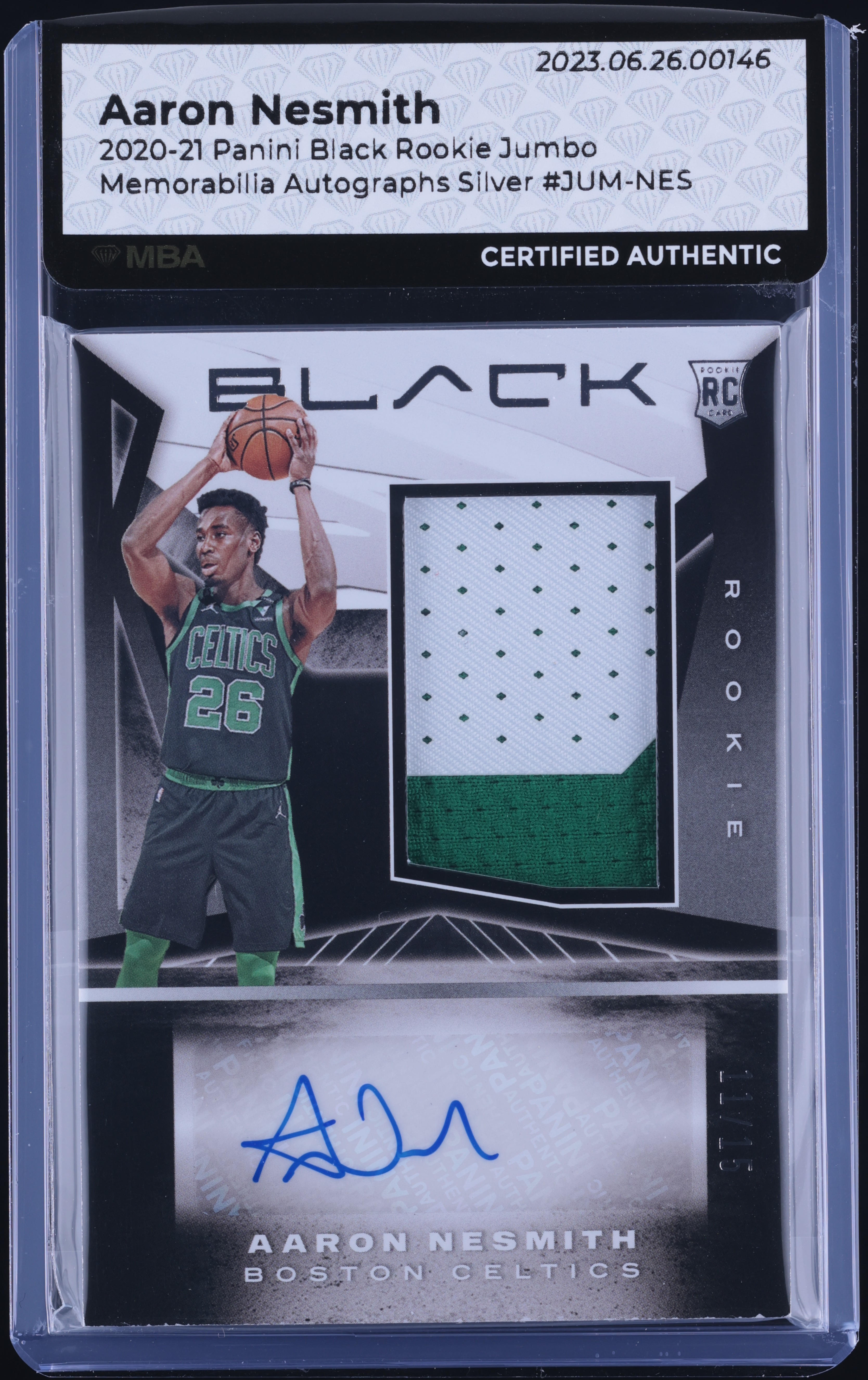 2020 Panini Black Silver Aaron Nesmith ROOKIE PATCH AUTO /15 #JUM-NES MBA AUTH